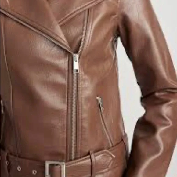 Old Navy Espresso Faux Leather Belted Biker Jacket XL - Picture 2 of 13